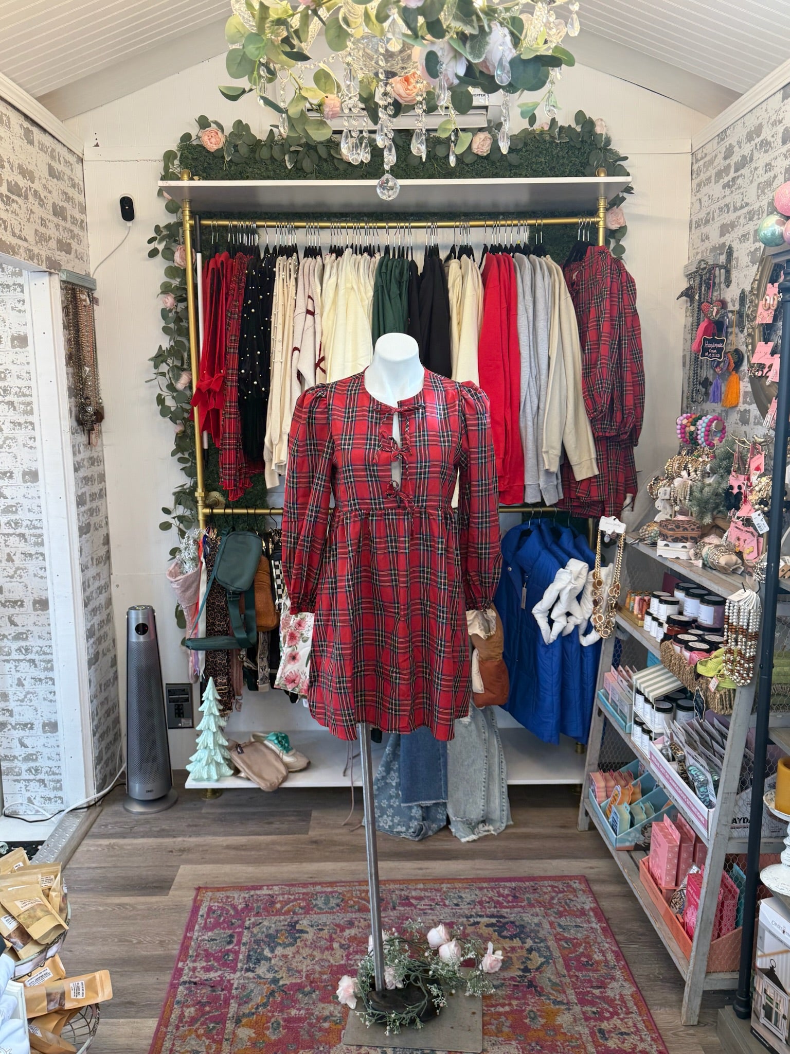 Red plaid bow detailed dress