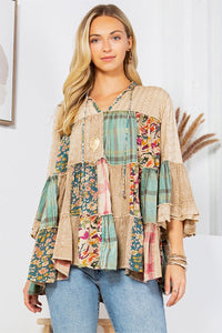 Boho patchwork plaid floral and lace top