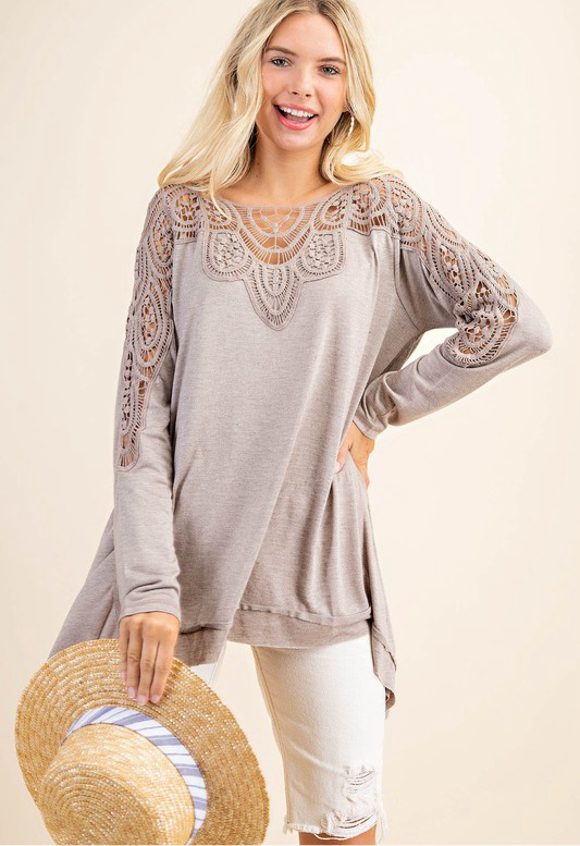 Kori mocha crochet frayed detailed lightweight top