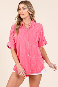 Pink oversized mineral wash frayed hem button up top