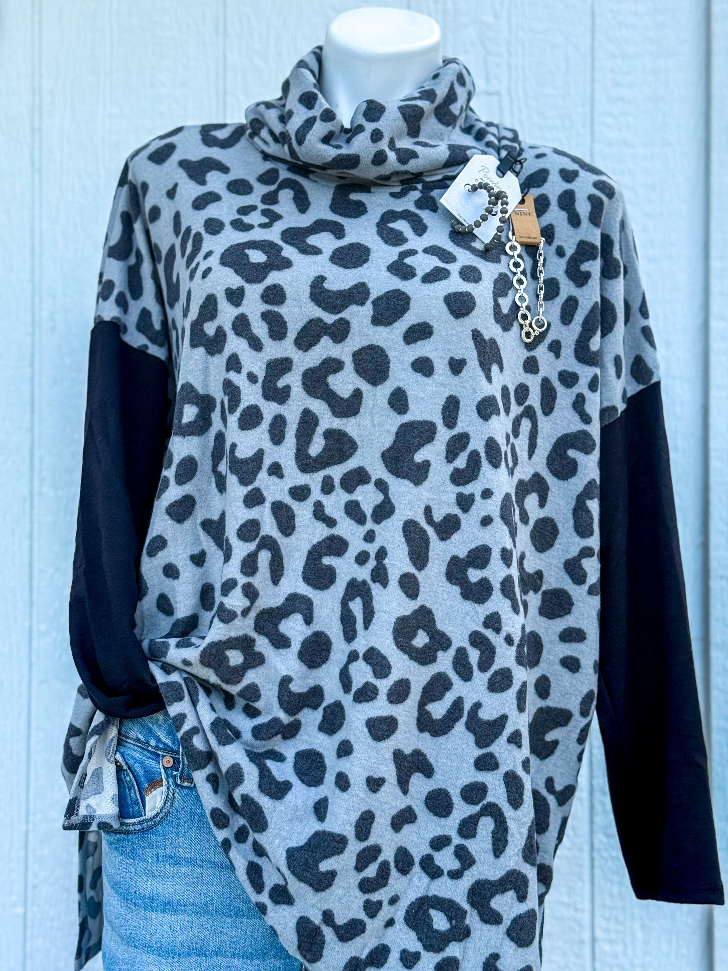 Bibi grey leopard cowl neck top