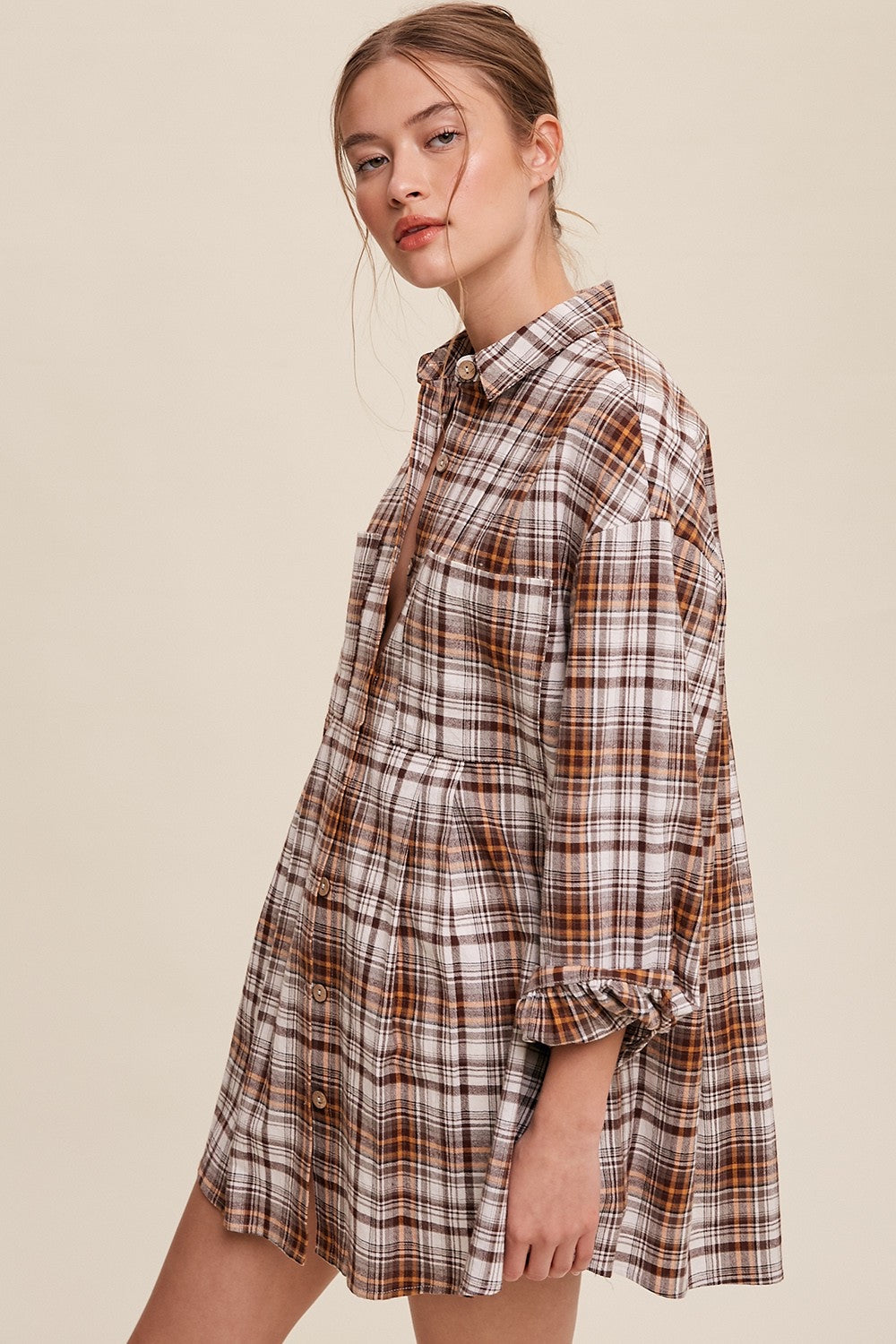 Brown plaid baby doll style long flannel