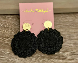 Handmade clay black medallion & gold earrings