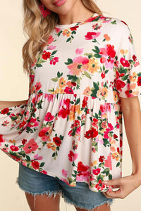 Cream floral short sleeve babydoll top Reg. & Plus Sizs