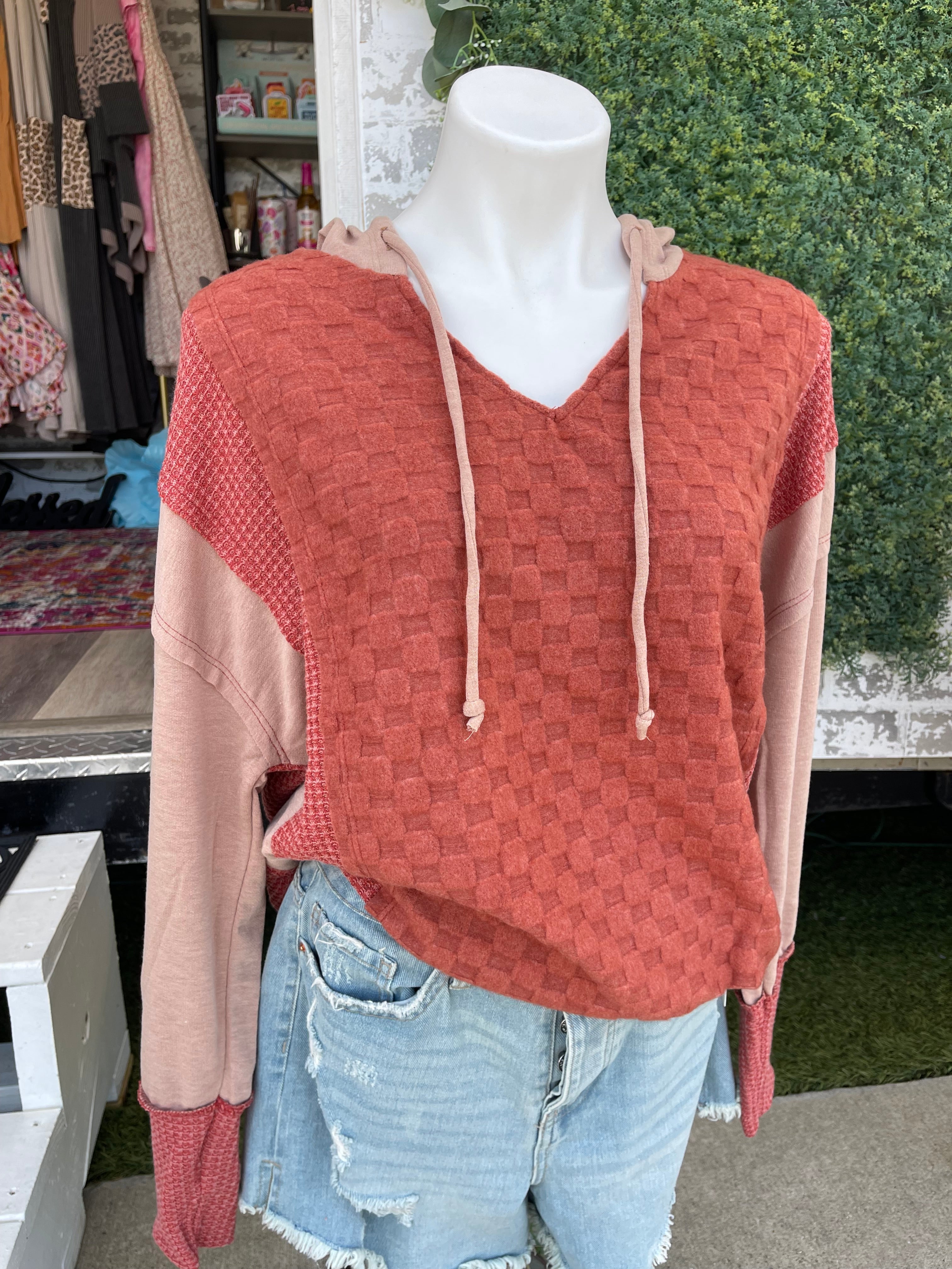Bibi rust waffle knit checkered hoodie