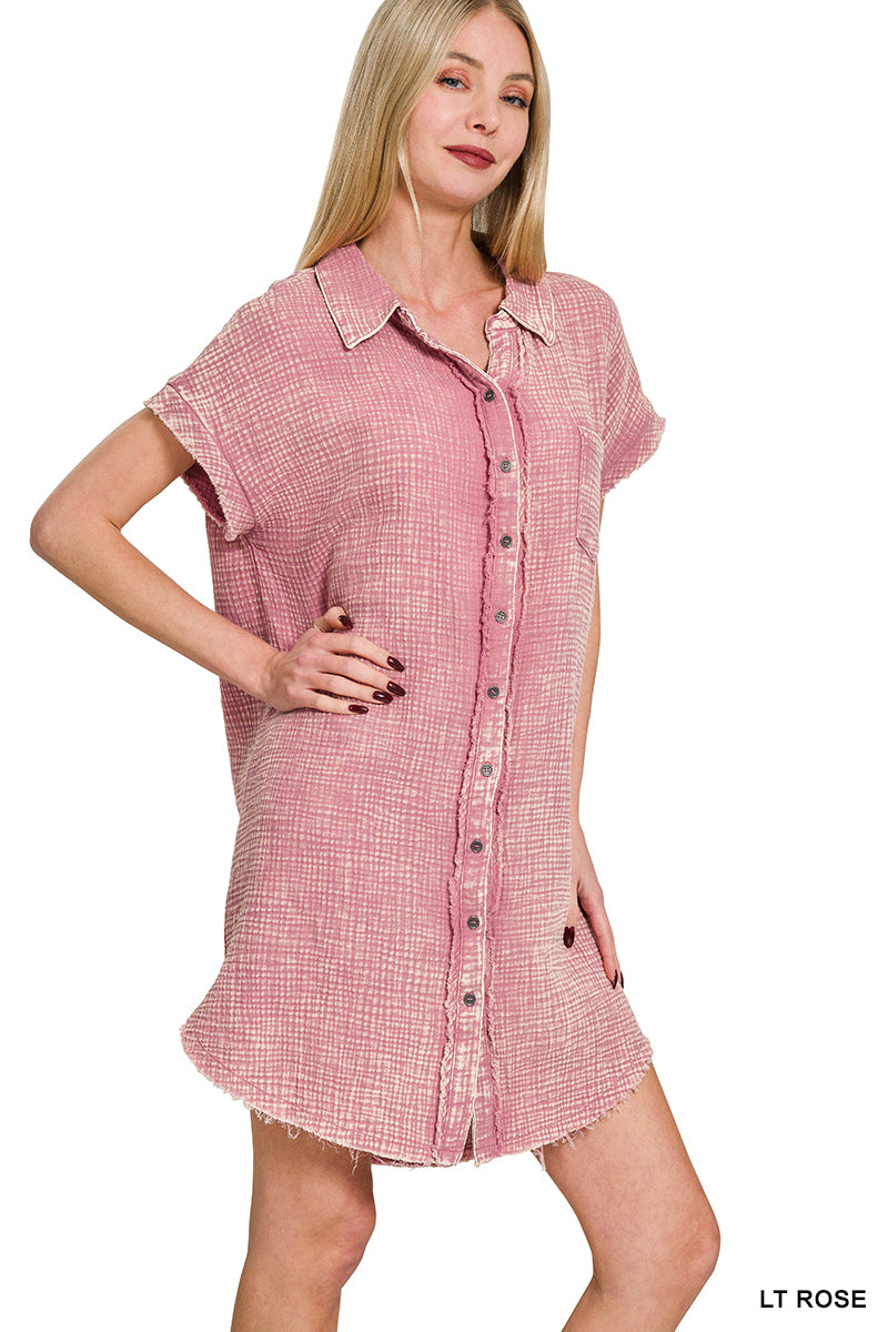 Mauve Zenana collared button down mineral washed dress