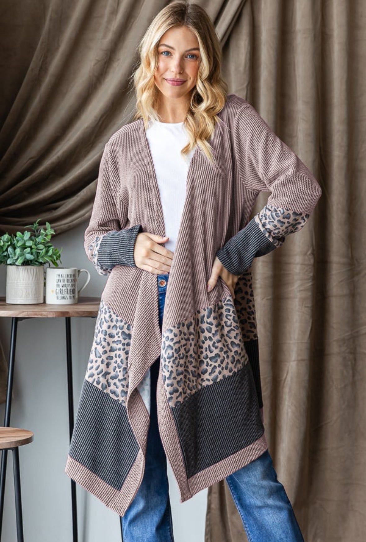 Taupe & charcoal leopard print cardigan