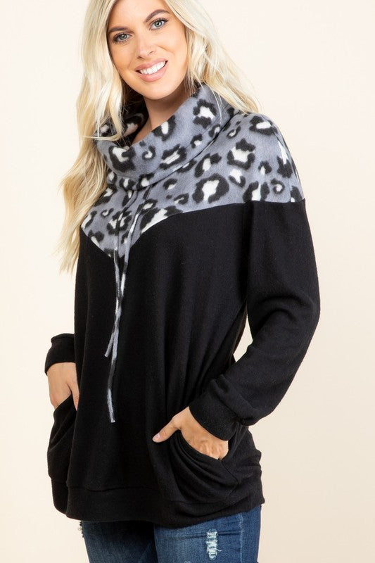 Grey leopard cowl neck top