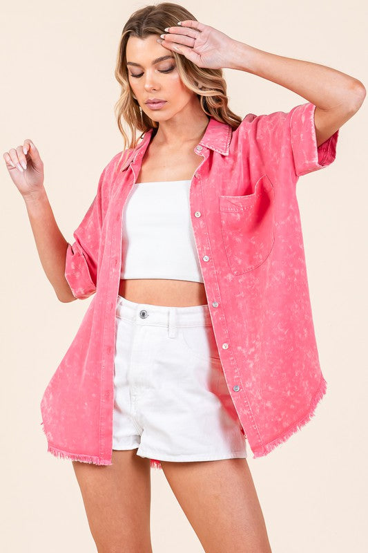 Pink oversized mineral wash frayed hem button up top