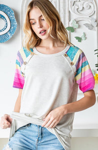 Regular & Plus Size Heimish short sleeve button detail color striped top