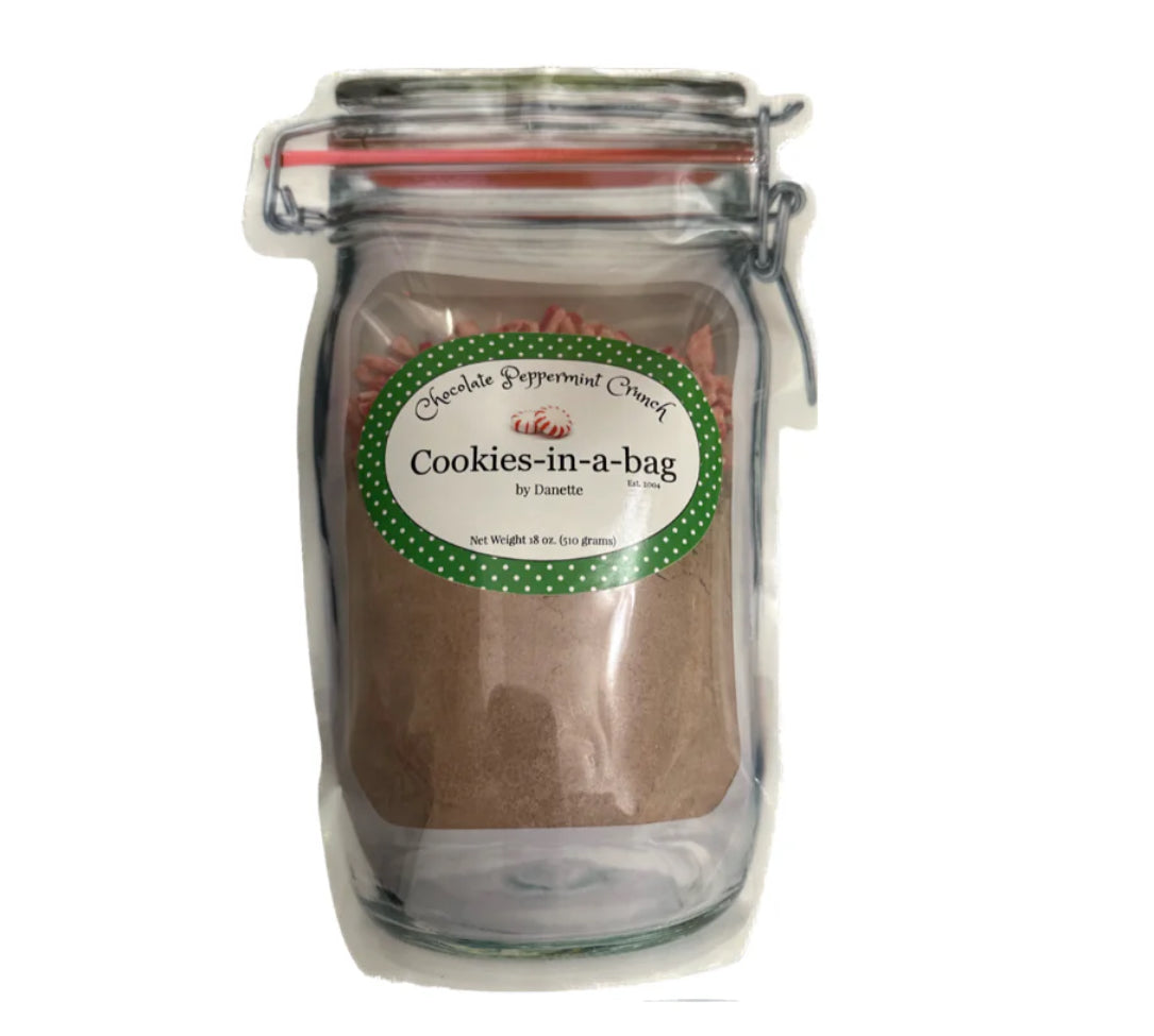 Chocolate Peppermint Crunch Cookies in a bag