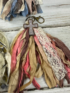 Handmade tassel keychains with jeweled cross