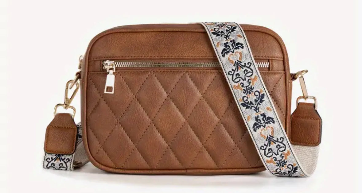 Quilted guitar strap crossbody handbag Grey or Brown