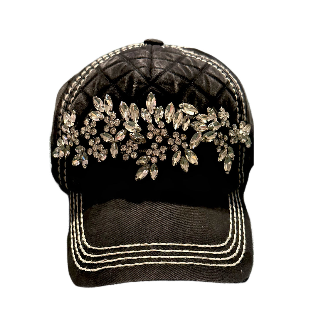 Pink or black quilted rhinestone floral detail hat by Olive & Pique