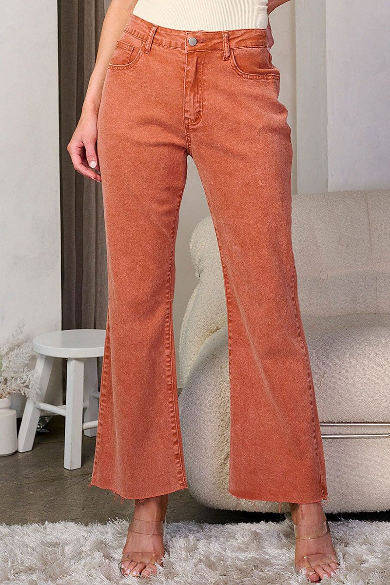 Fall rust colored wide leg jeans with frayed bottom detail