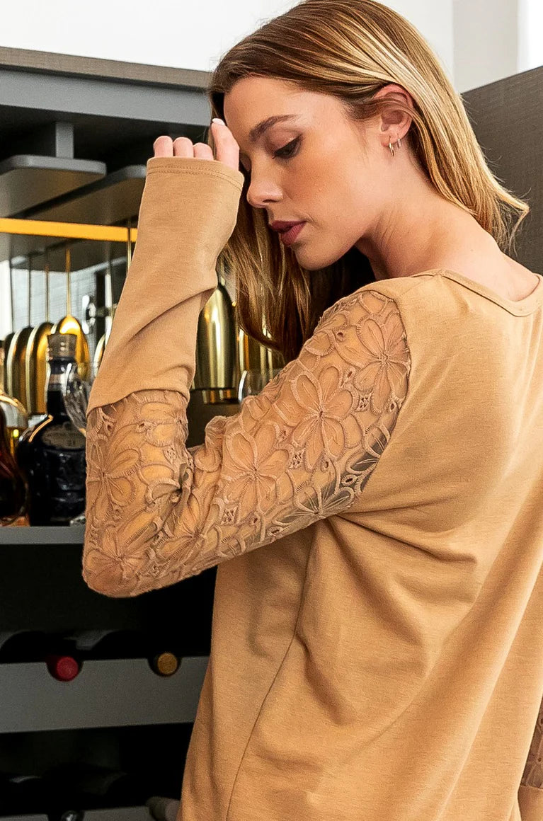Bibi camel tan layering top with detailed floral sleeves