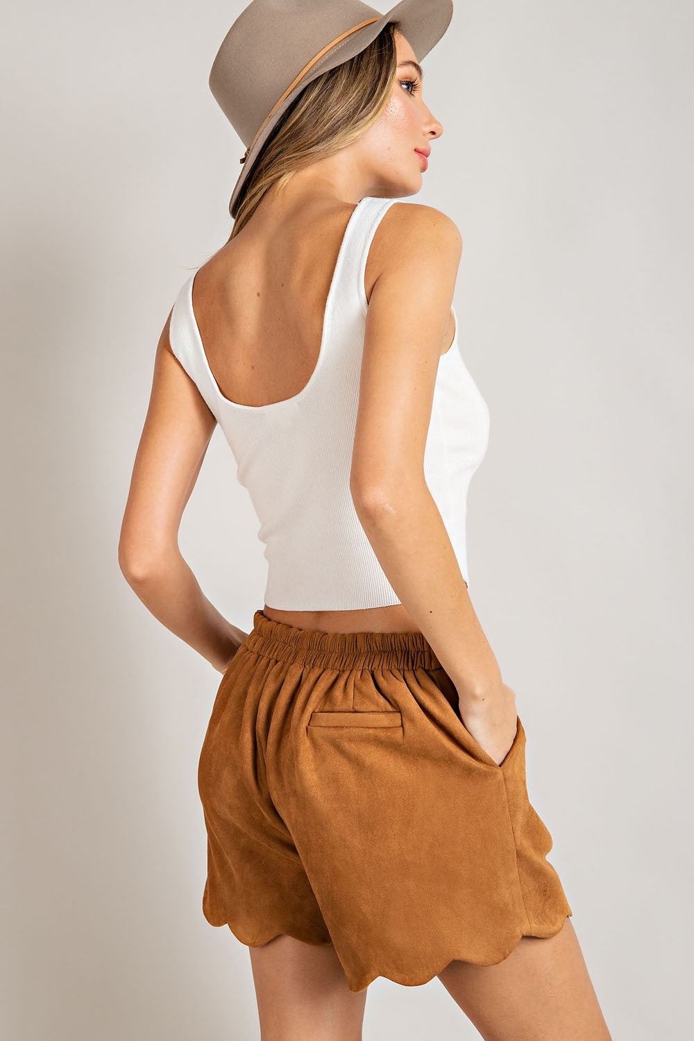 Camel brown or Olive suede fall scalloped shorts