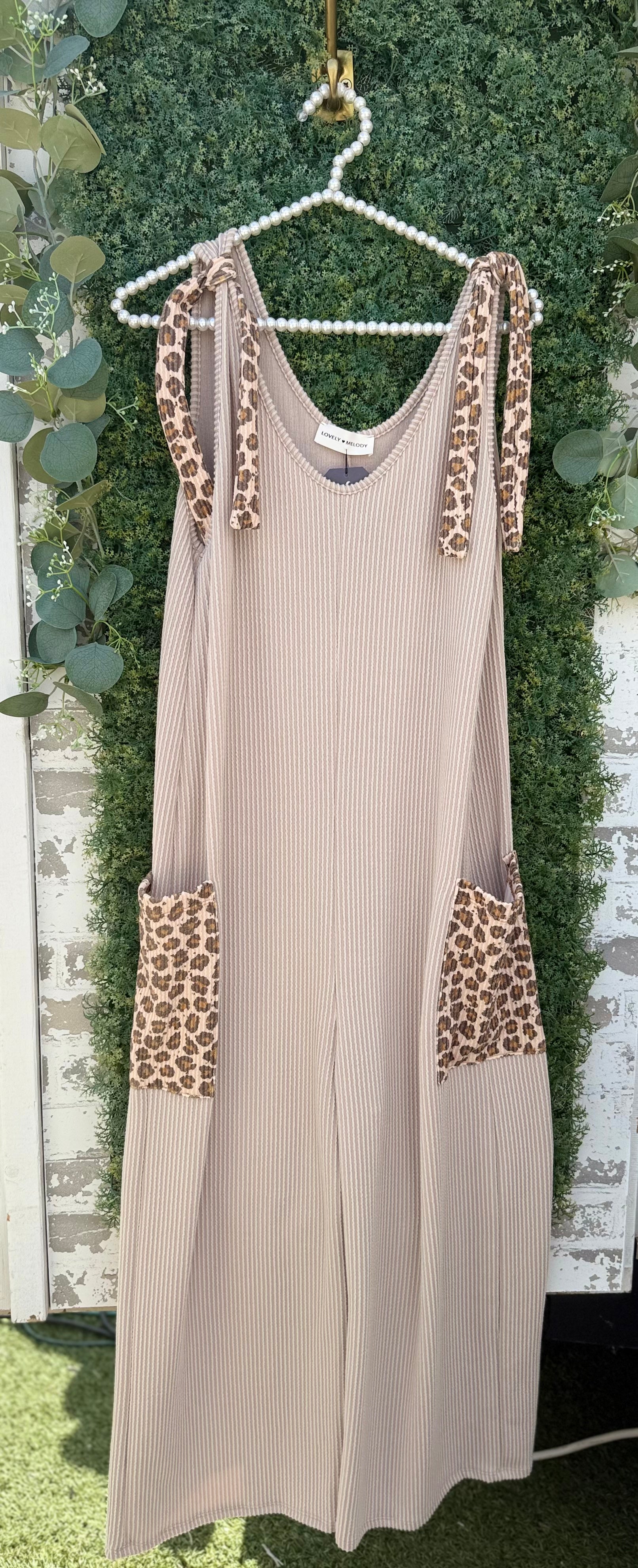 Ribbed taupe and leopard detail jumpsuit