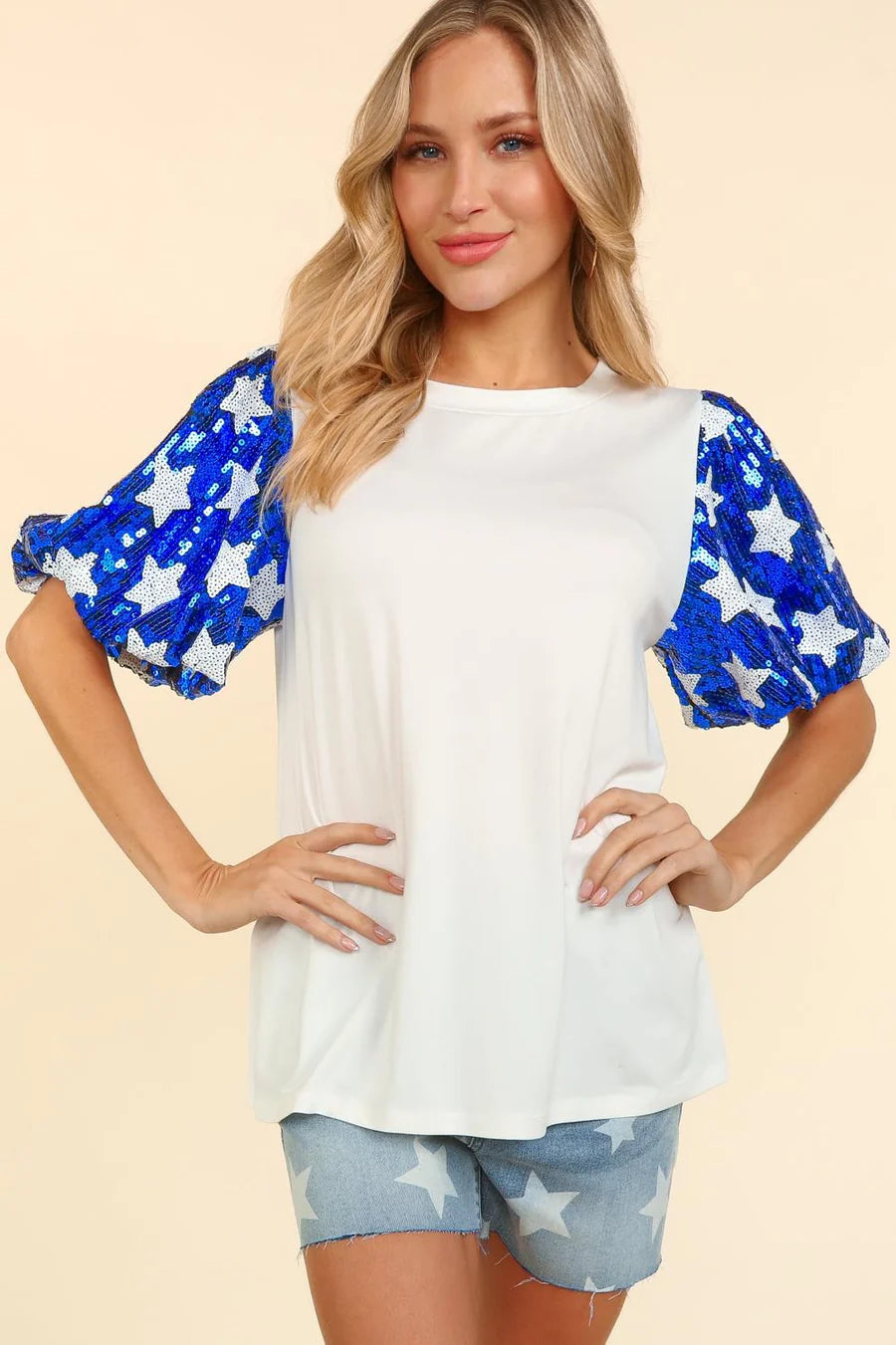 Royal blue stars sequin puff sleeve top