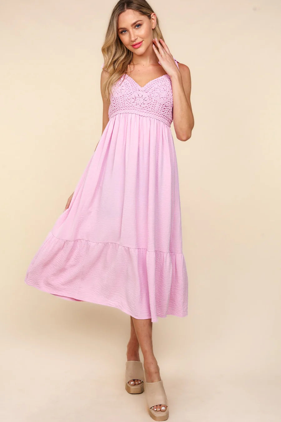 Pink crochet tiered maxi dress with tie straps