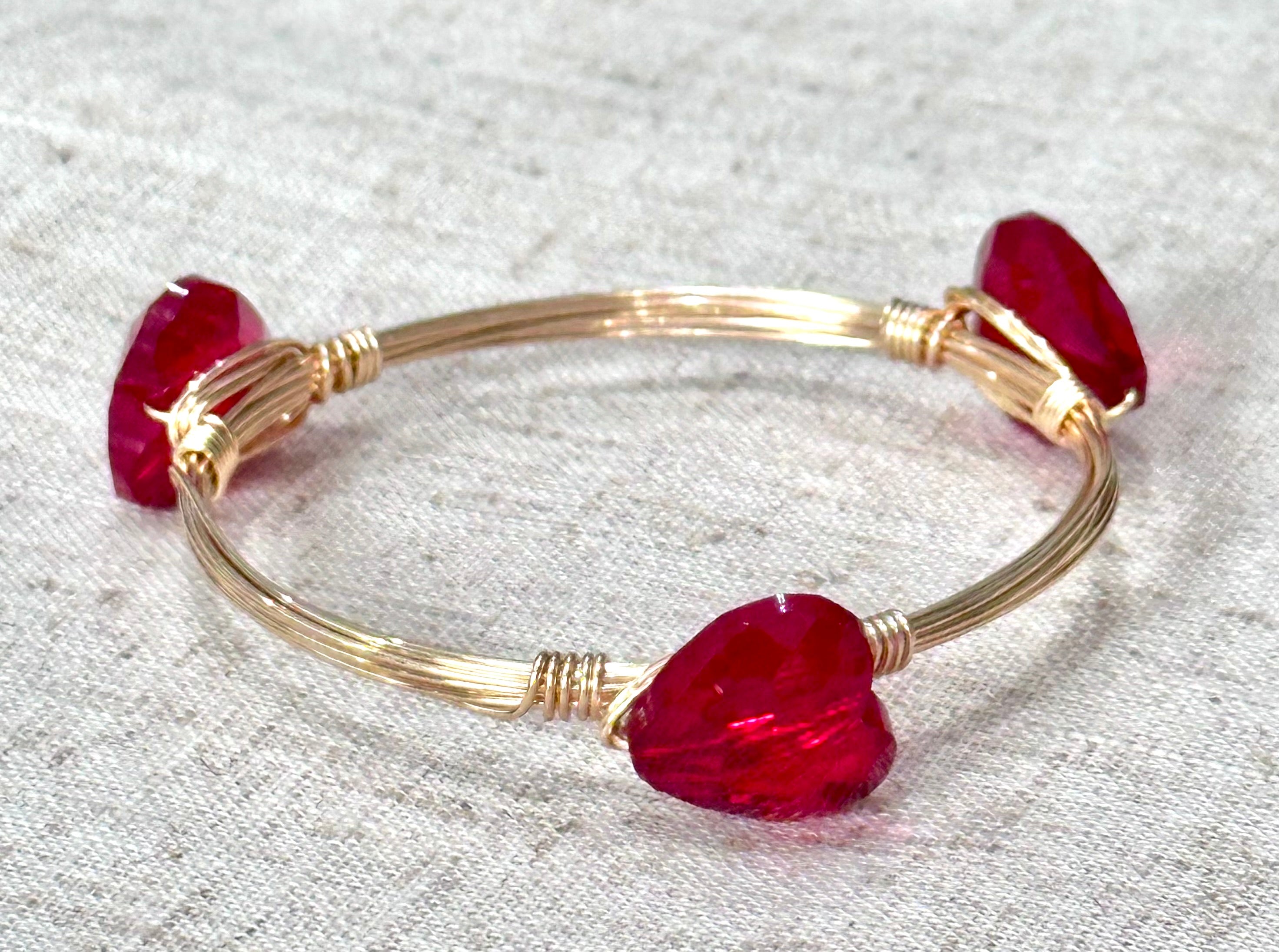 Handmade red heart Valentine's Day gold stack layering bracelet