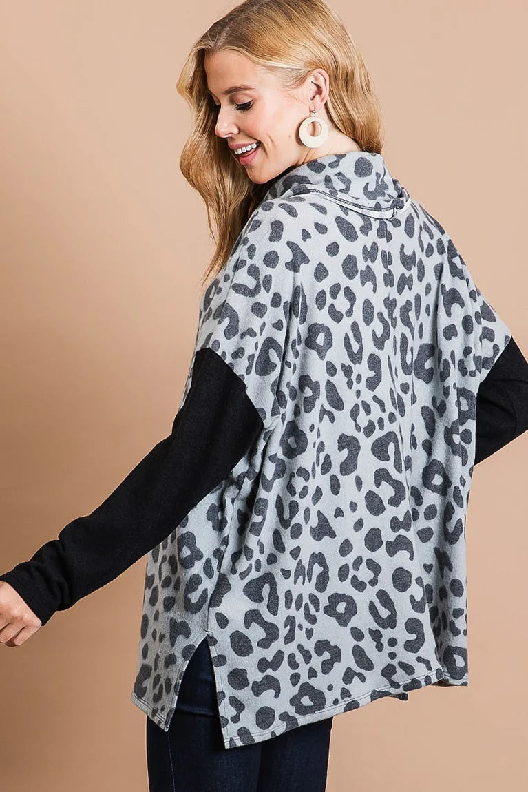 Bibi grey leopard cowl neck top