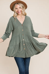 Regular and Plus Size heather olive tiered button up fall top