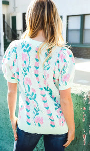 Floral mint green puff sleeve short sleeve sweater Regular & Plus Size
