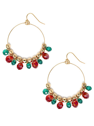 Green & red shiny bead gold hoop Christmas earrings