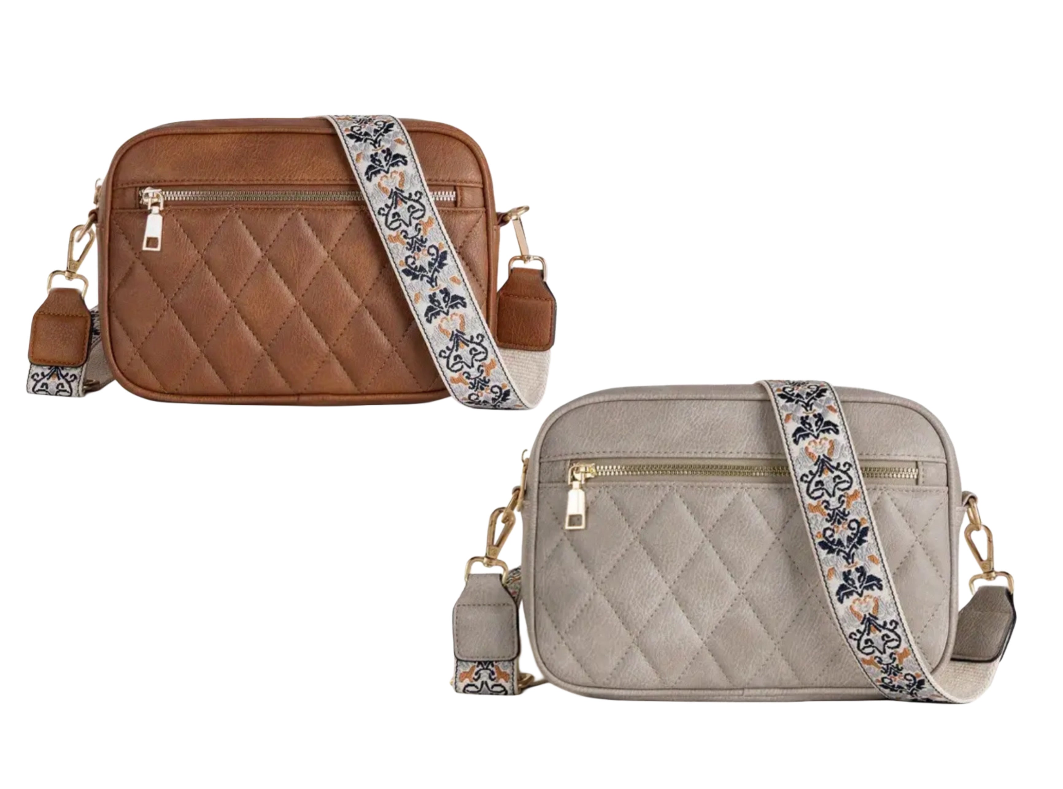 Quilted guitar strap crossbody handbag Grey or Brown