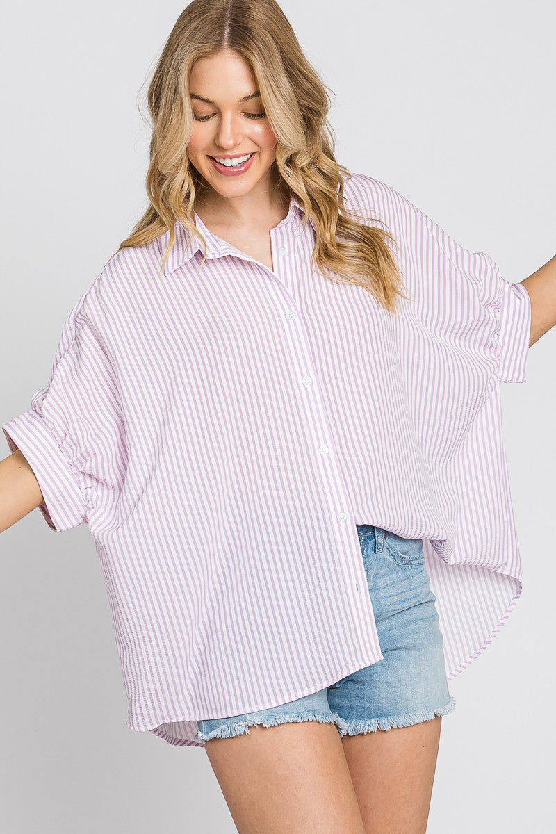 Lavender striped oversized puff sleeve button up dress shirt