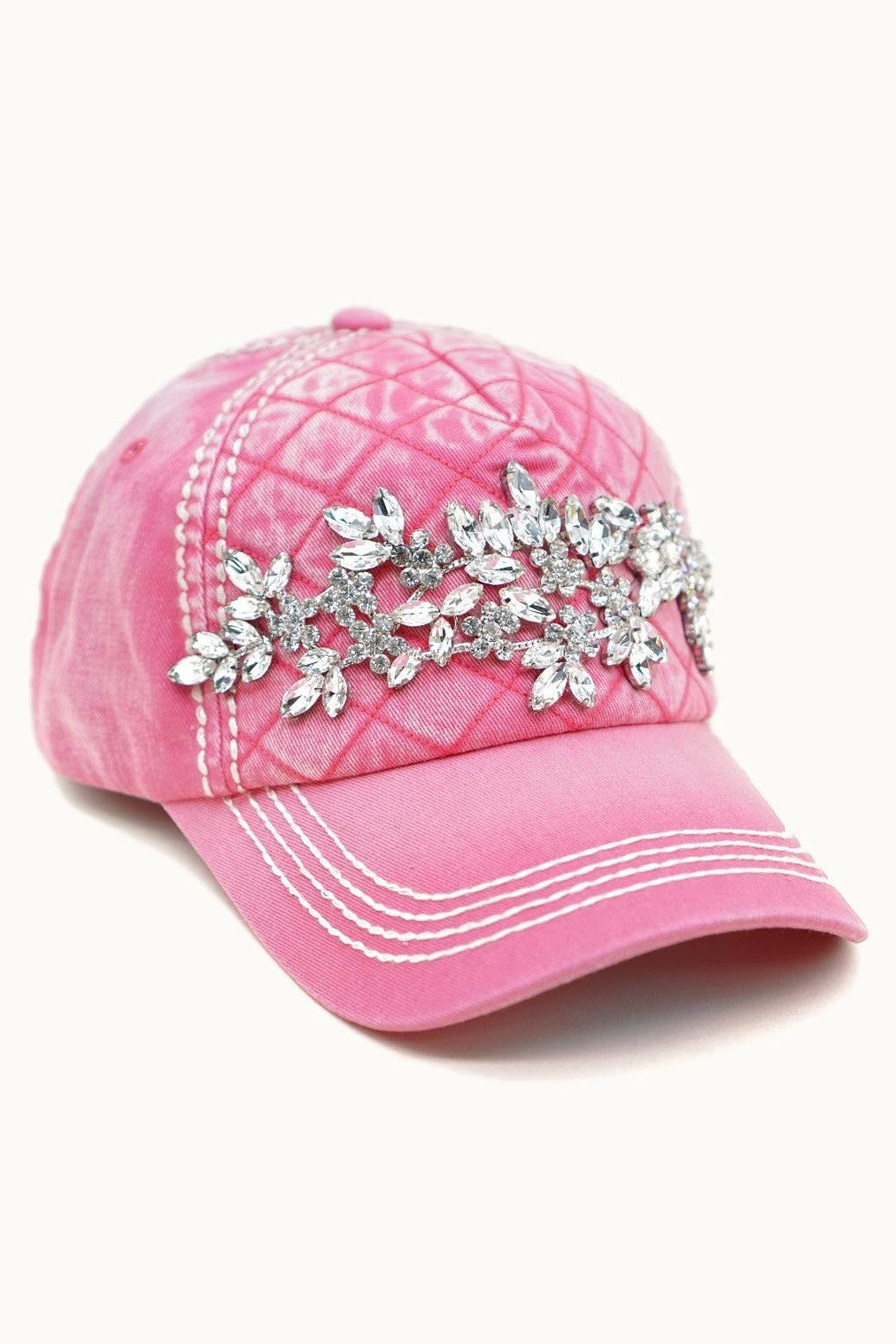 Pink or black quilted rhinestone floral detail hat by Olive & Pique