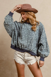 Bibi denim floral frayed detail pull over oversize sweatshirt style top