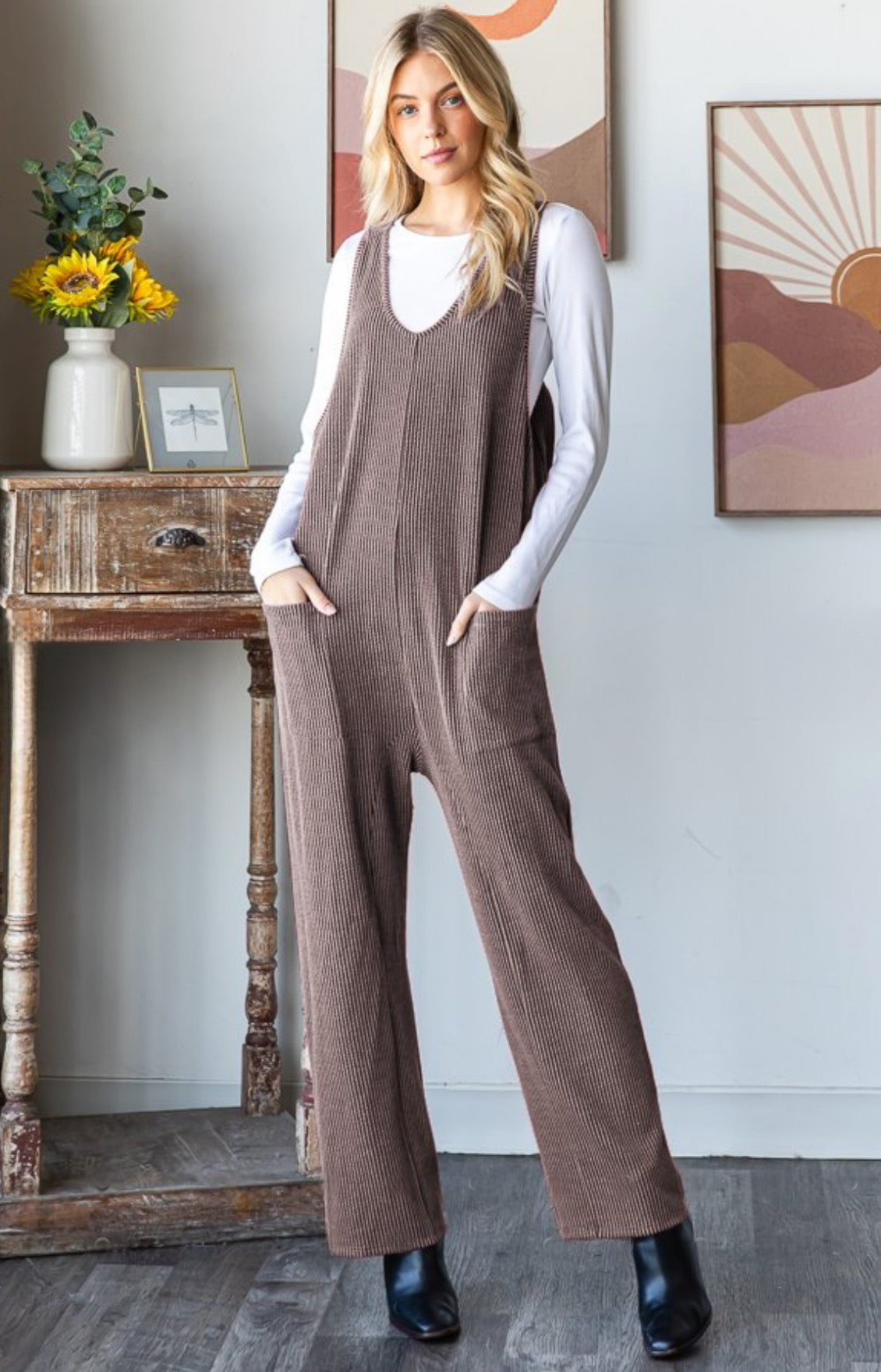 Brown ribbed fall jumpsuit