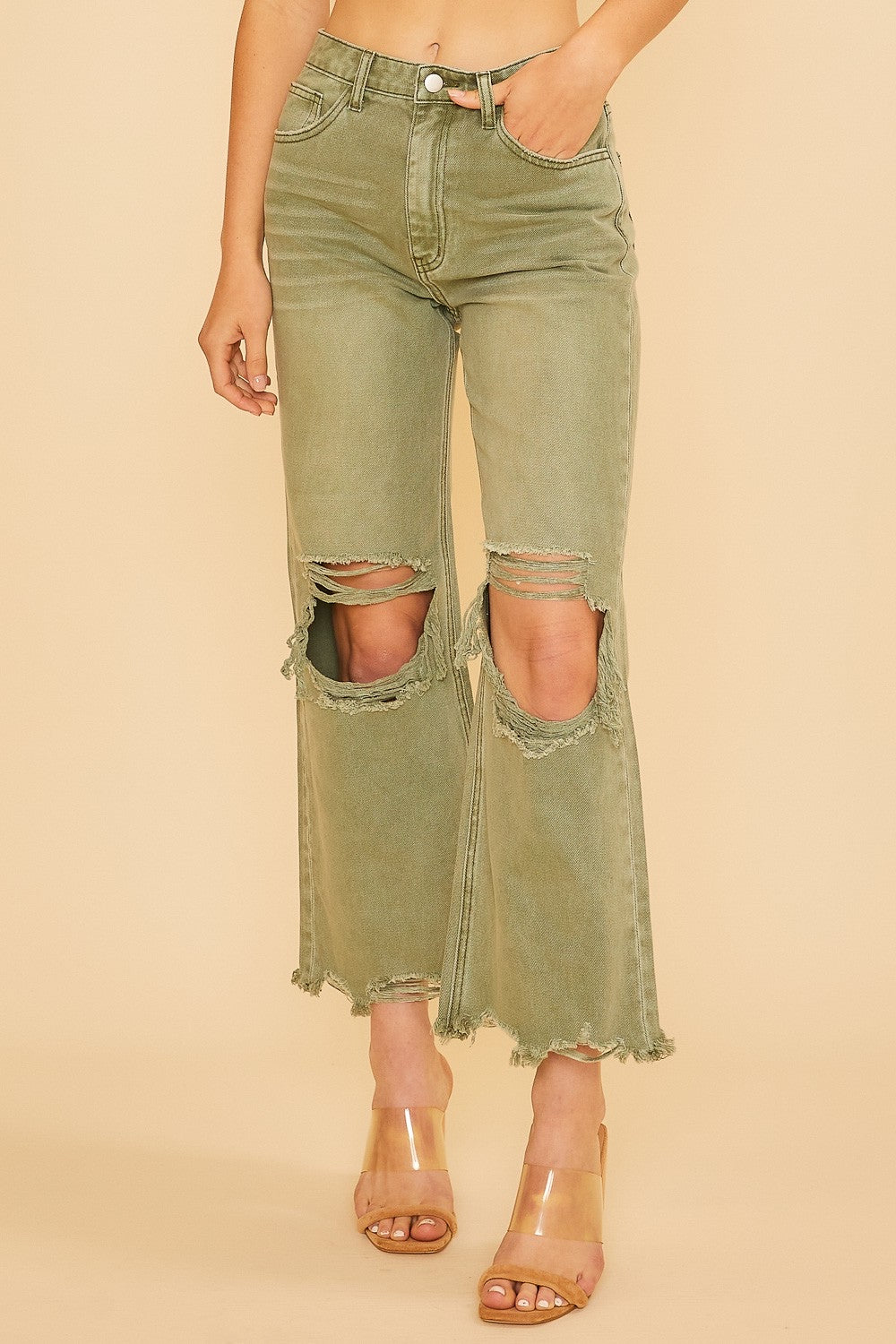 Olive green distressed light wash denim frayed jeans