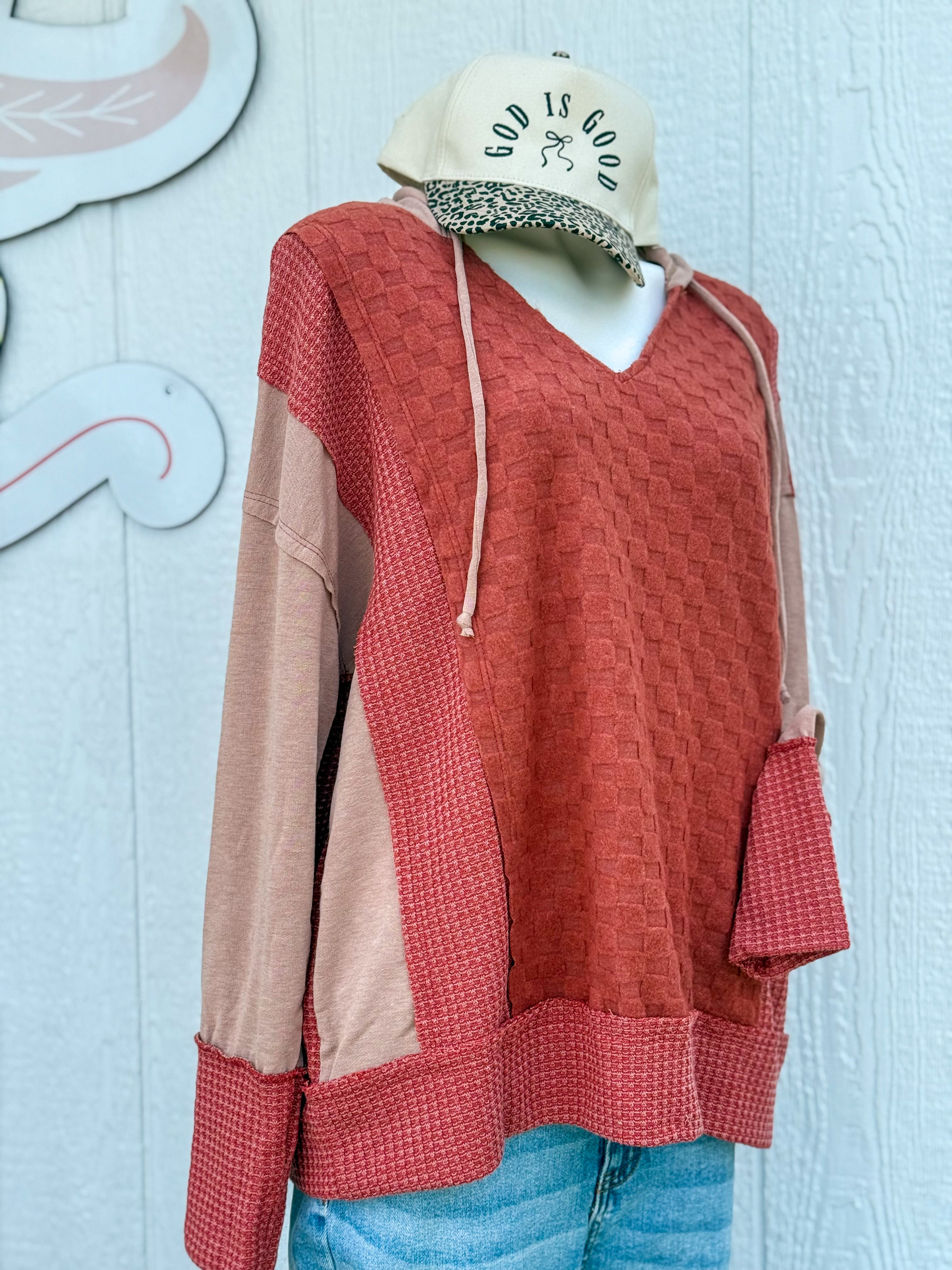 Bibi rust waffle knit checkered hoodie