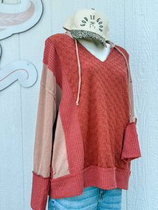 Bibi rust waffle knit checkered hoodie
