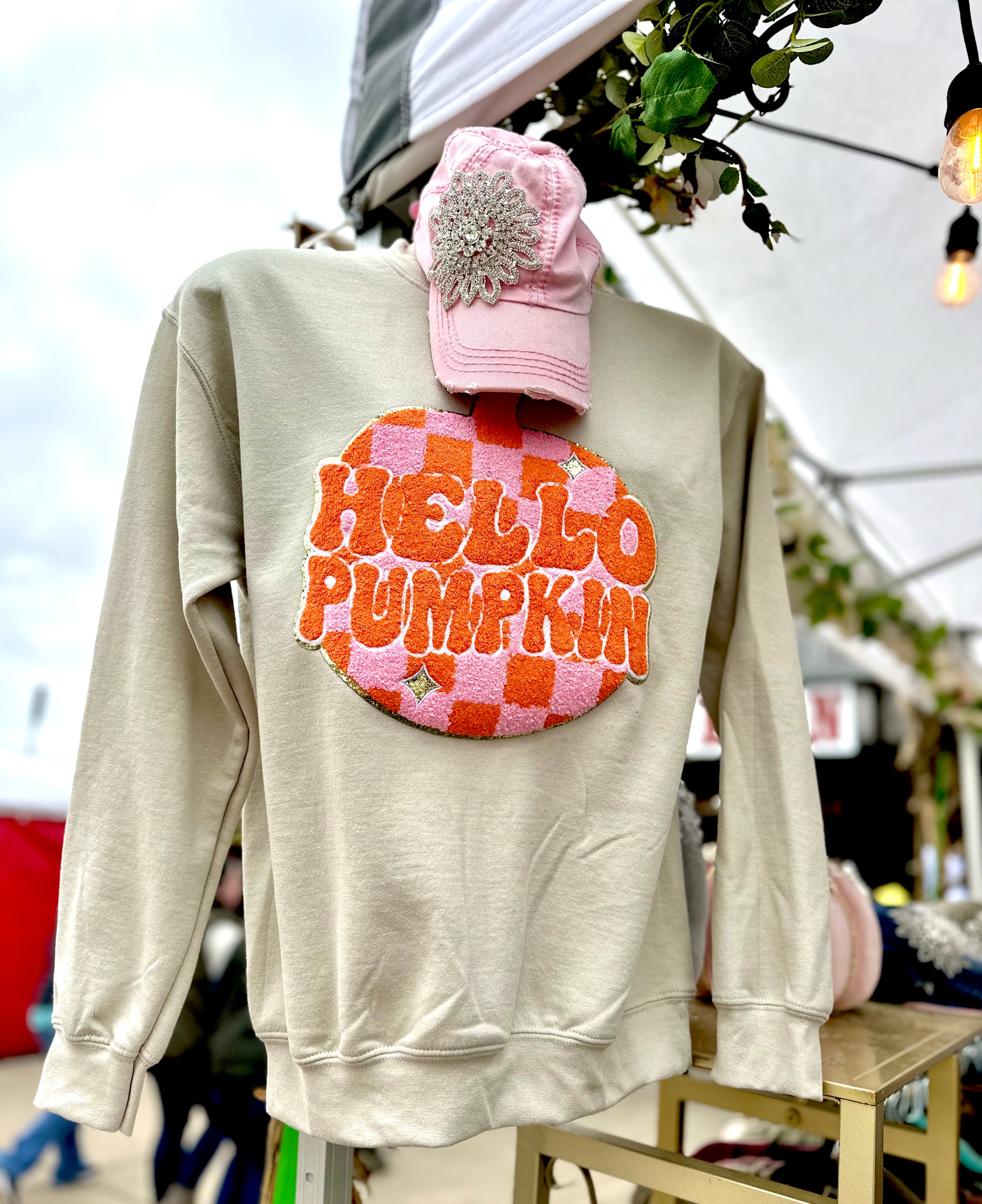 Hello pumpkin chenille patch tan crew or hoodie fall sweatshirt