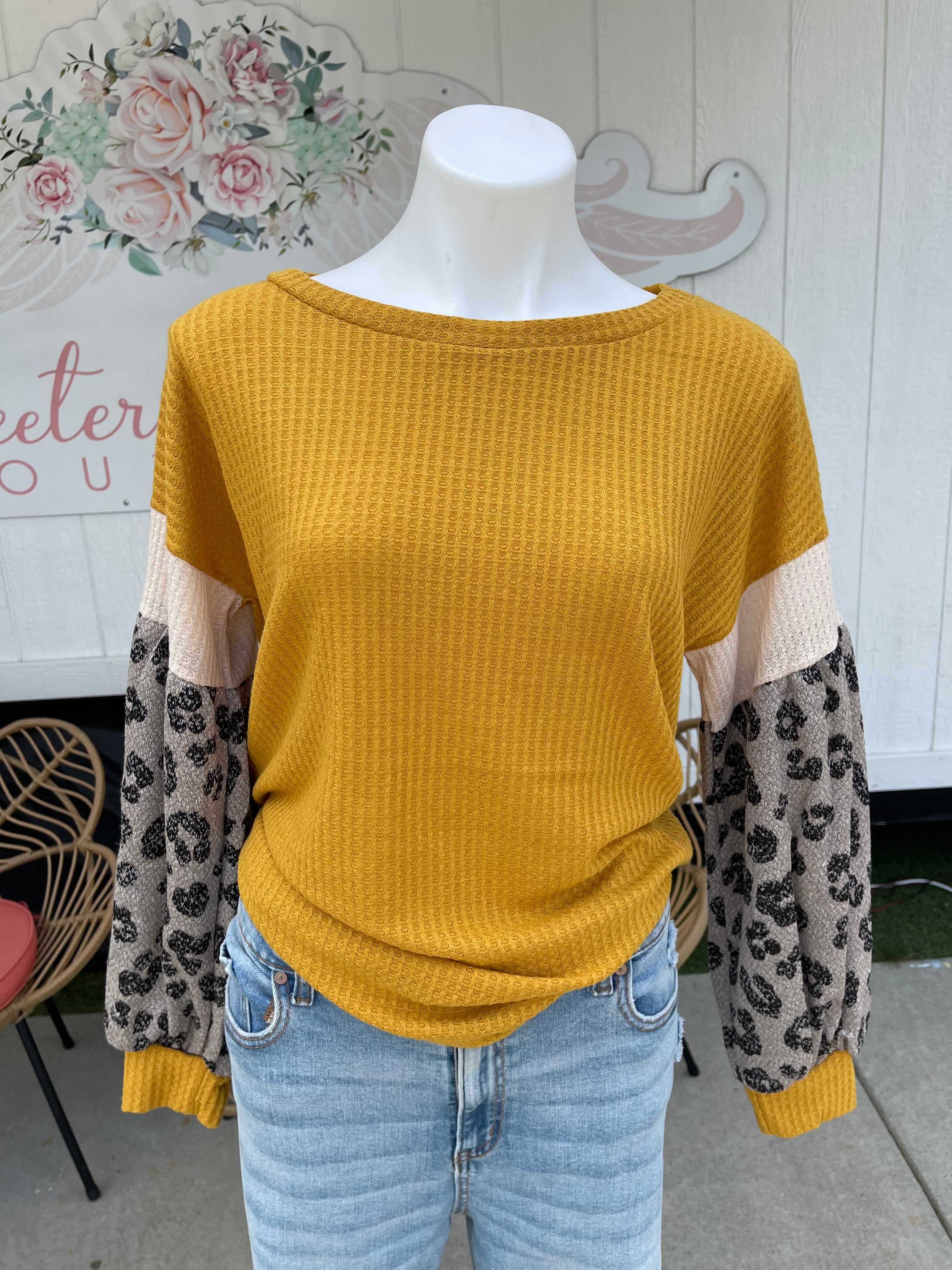 Bibi mustard waffle knit top with leopard puff sleeves