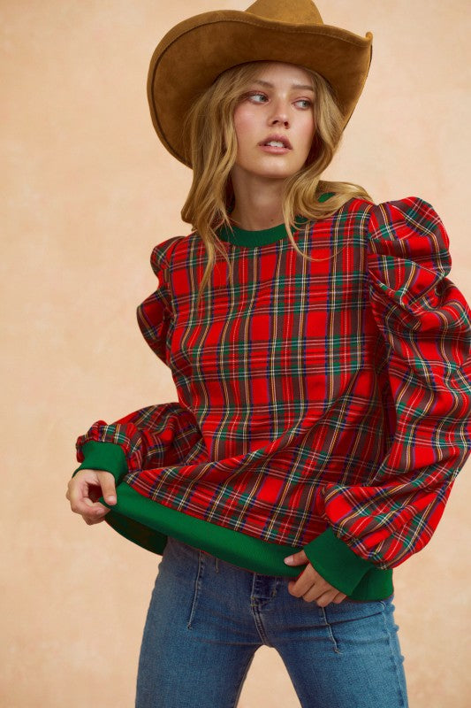 Christmas plaid puff sleeve top