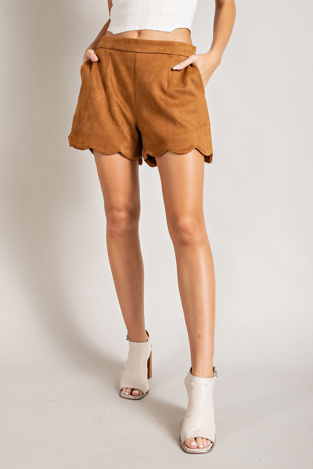 Camel brown or Olive suede fall scalloped shorts