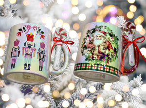 Christmas opal shine coffee mug & spoon gift set Nutcracker or Vintage Santa