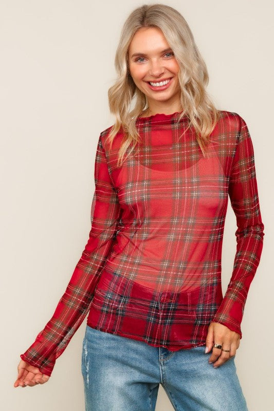 Christmas Plaid sheer layering top
