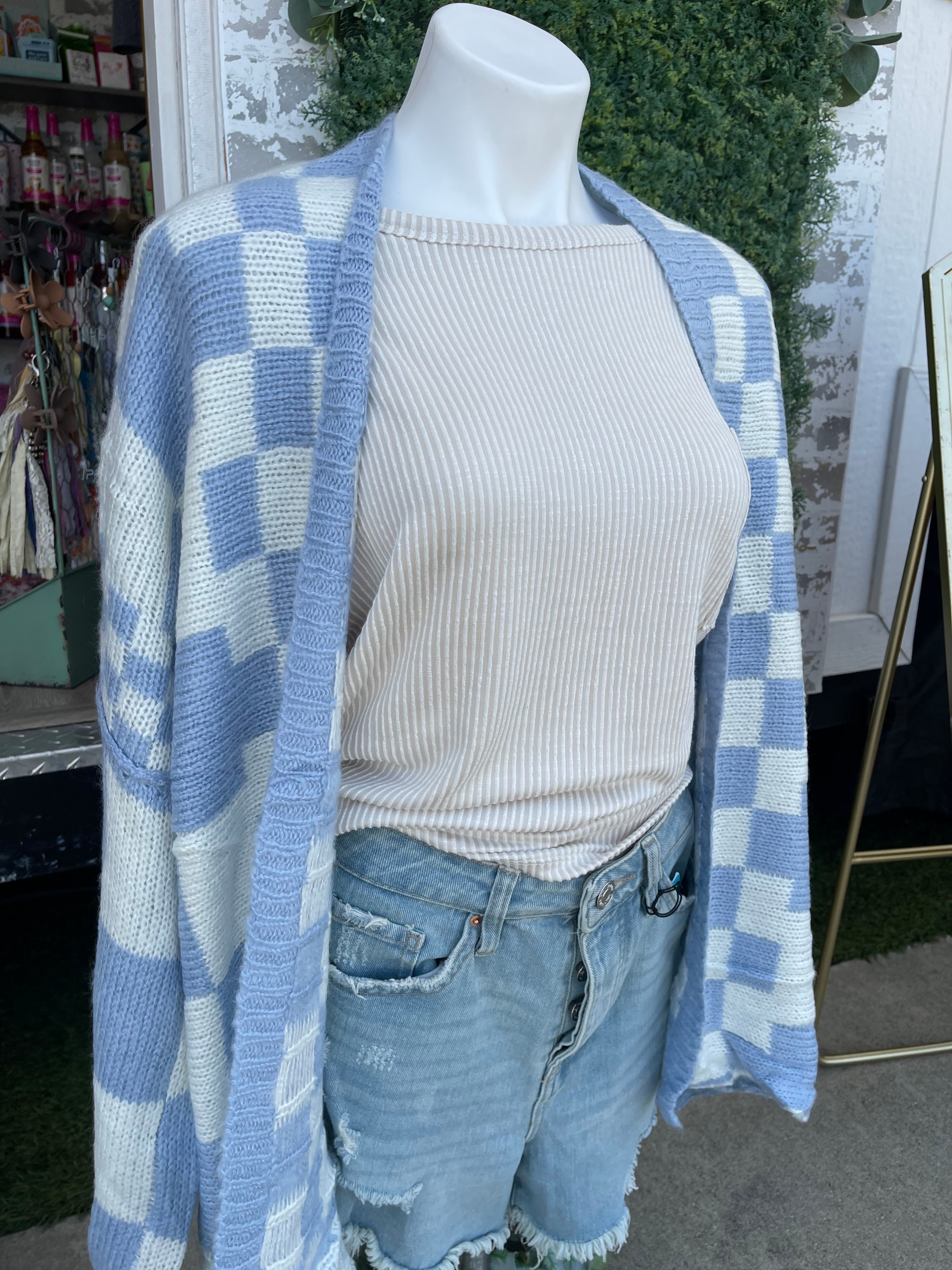 Baby blue checkered sweater cardigan