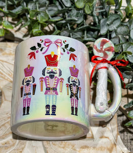 Christmas opal shine coffee mug & spoon gift set Nutcracker or Vintage Santa