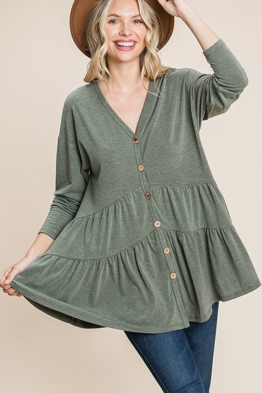 Regular and Plus Size heather olive tiered button up fall top