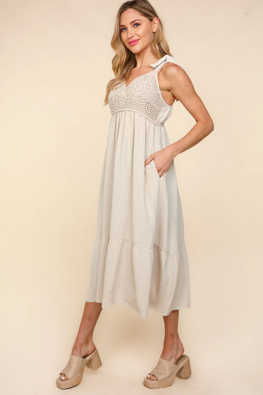 Oatmeal beige crochet tiered maxi dress with tie straps