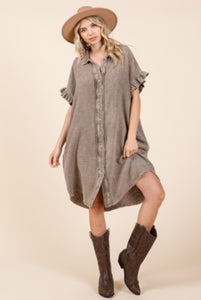 Fall Brown Mineral Wash Ruffle Trim Button Up Dress