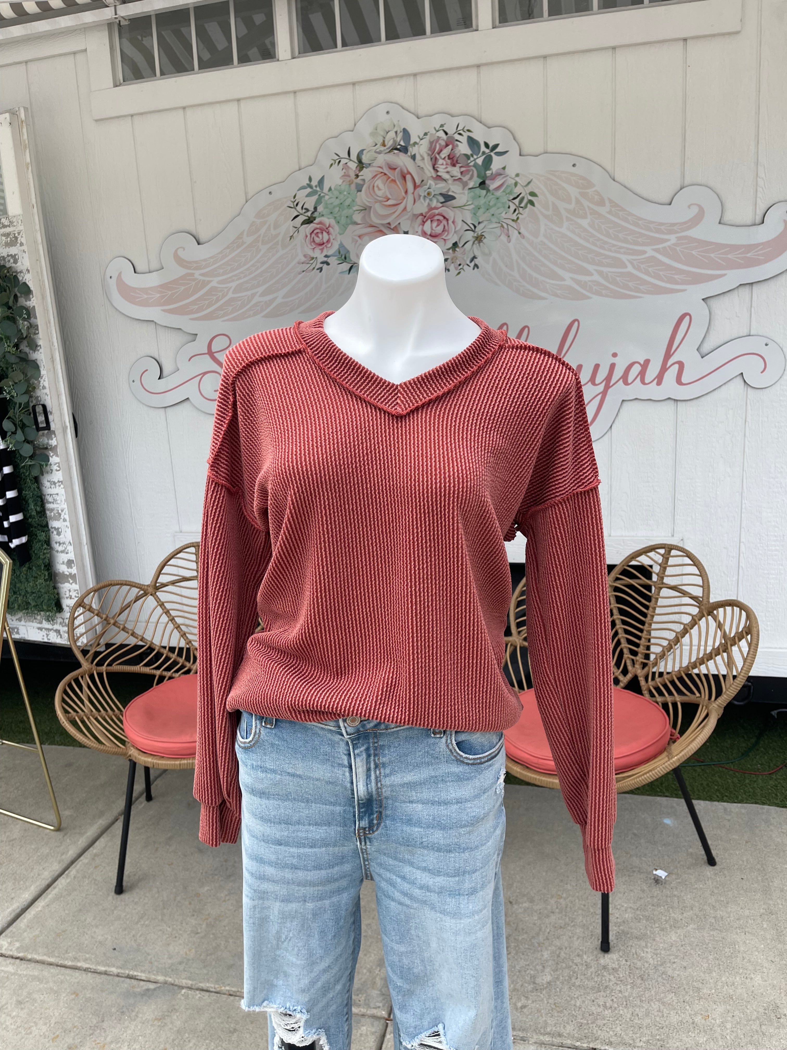 Reg & Plus size rust ribbed vneck top