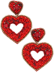 Red bling bead and gem heart Valentine's Day earrings